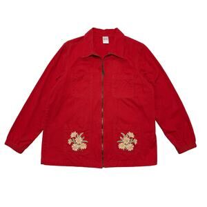 Blair Red Embroidered Floral Chore Coat Jacket Dopamine Dressing Cottagecore M